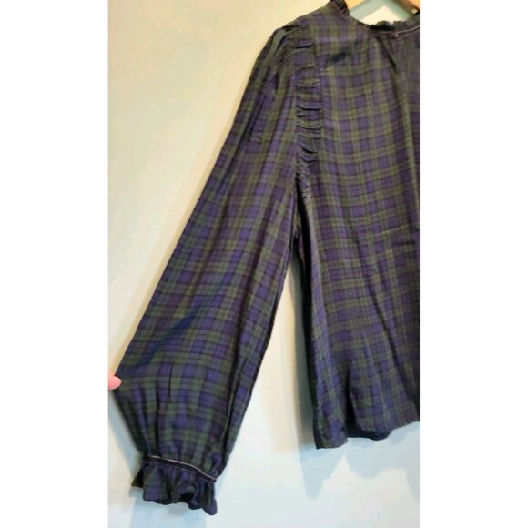 New Blue Green Plaid Lightweight Long Puff Sleeve Relaxed Fit Top Sz L - Picture 4 of 8